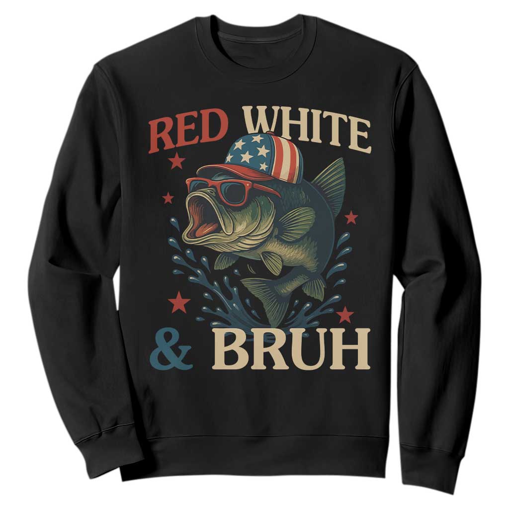 Retro Red White And Bruh Fishing Sweatshirt Funny Patriotic Bass 4th Of July TS02 Black Print Your Wear