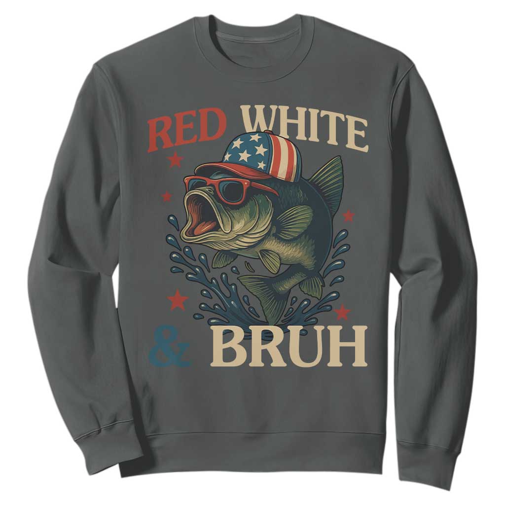 Retro Red White And Bruh Fishing Sweatshirt Funny Patriotic Bass 4th Of July TS02 Dark Heather Print Your Wear