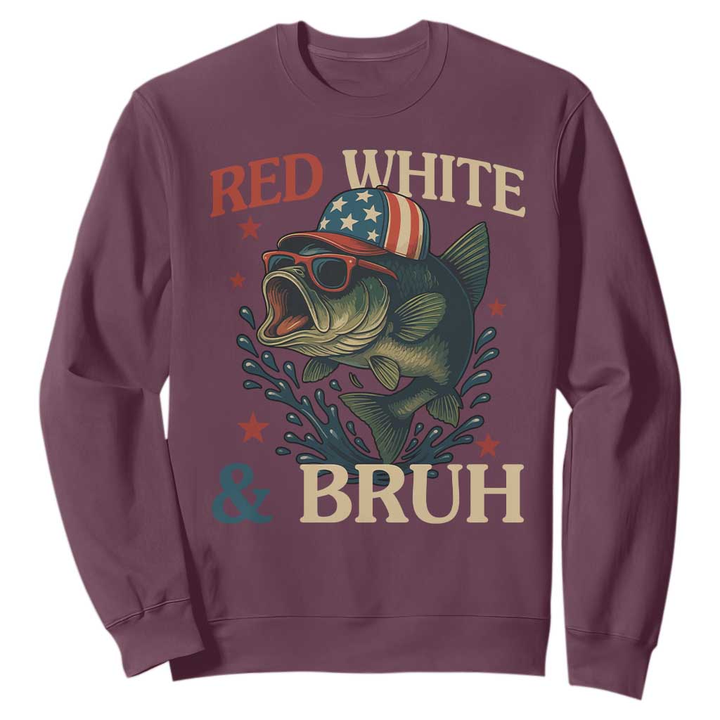 Retro Red White And Bruh Fishing Sweatshirt Funny Patriotic Bass 4th Of July TS02 Maroon Print Your Wear