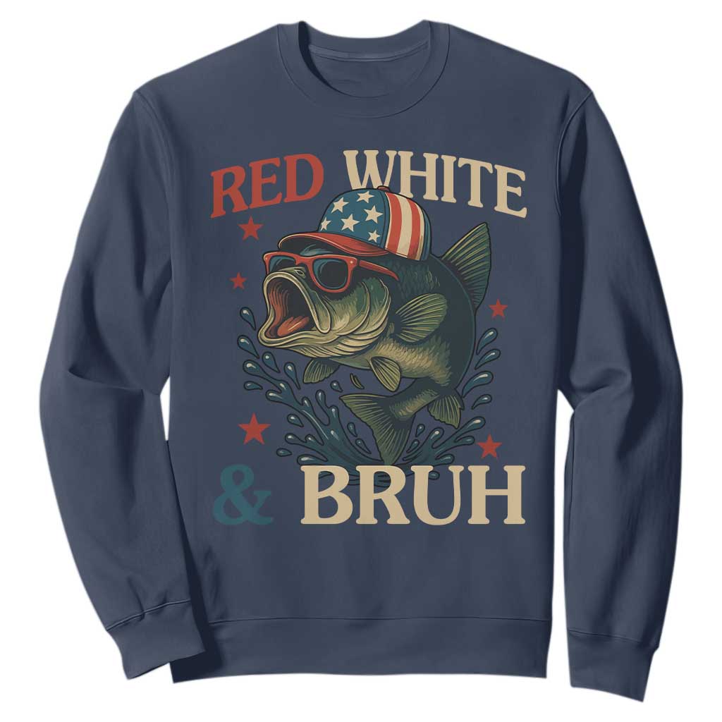 Retro Red White And Bruh Fishing Sweatshirt Funny Patriotic Bass 4th Of July TS02 Navy Print Your Wear