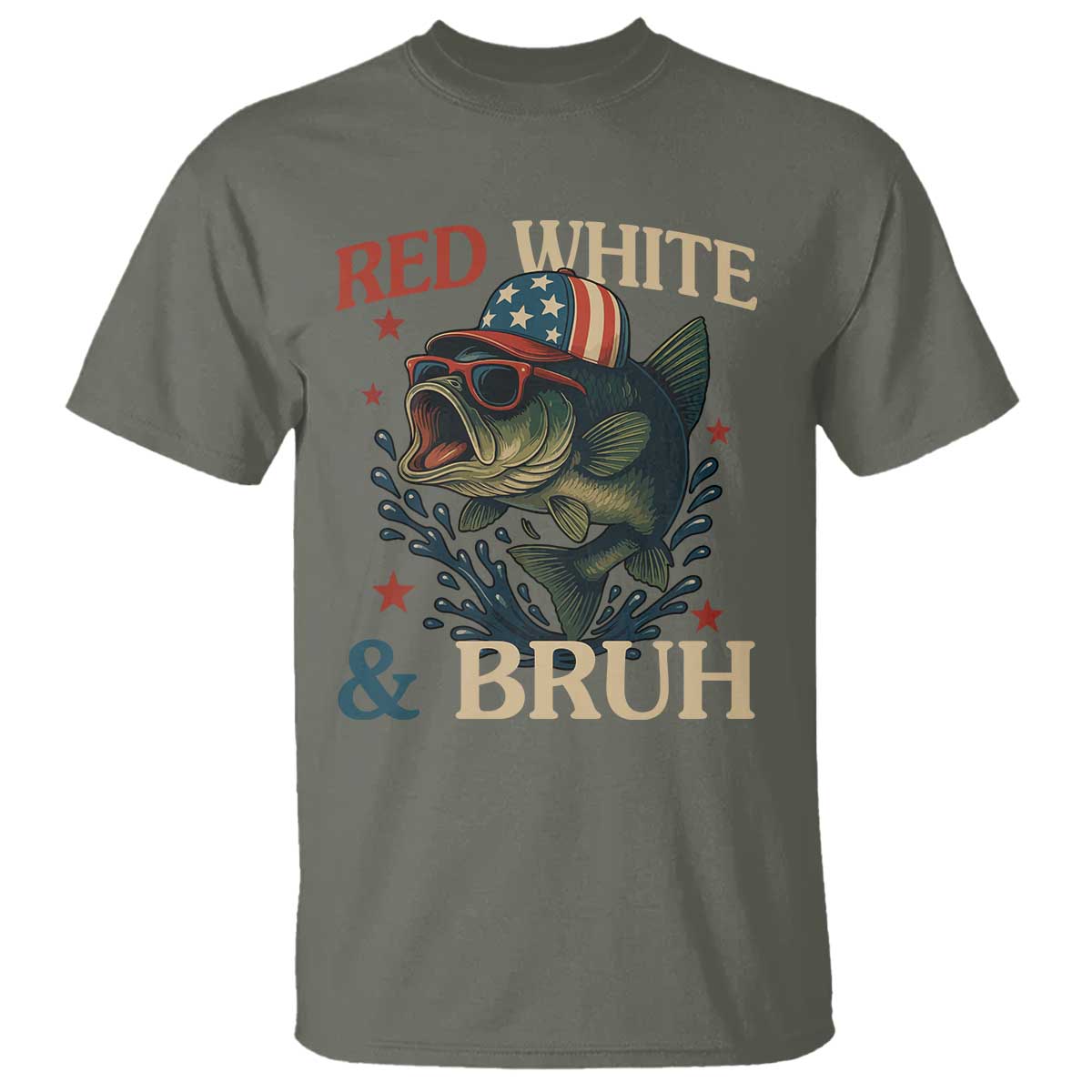 Retro Red White And Bruh Fishing T Shirt Funny Patriotic Bass 4th Of July TS02 Military Green Print Your Wear