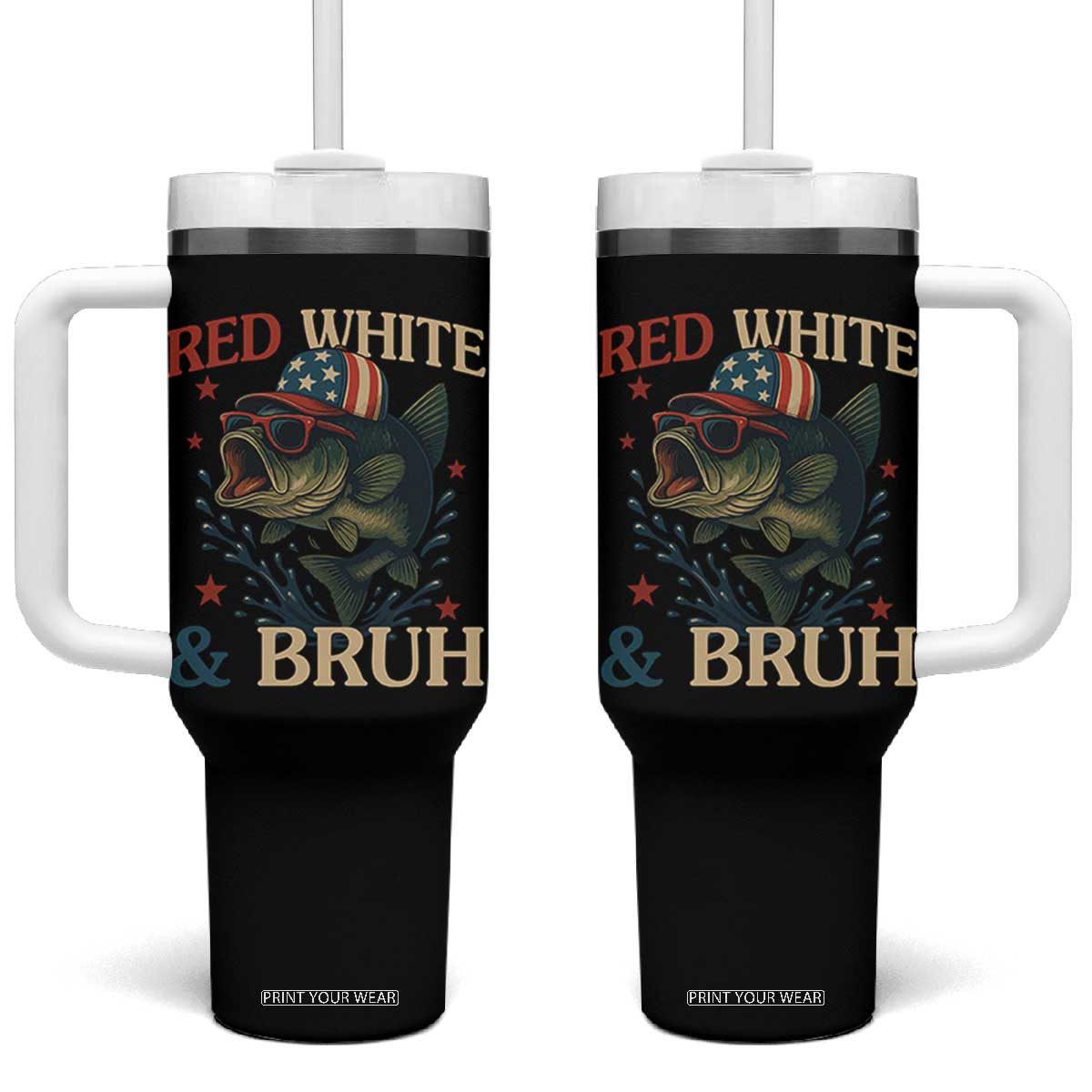 Retro Red White And Bruh Fishing Tumbler With Handle Funny Patriotic Bass 4th Of July TS02 One Size: 40 oz Black Print Your Wear