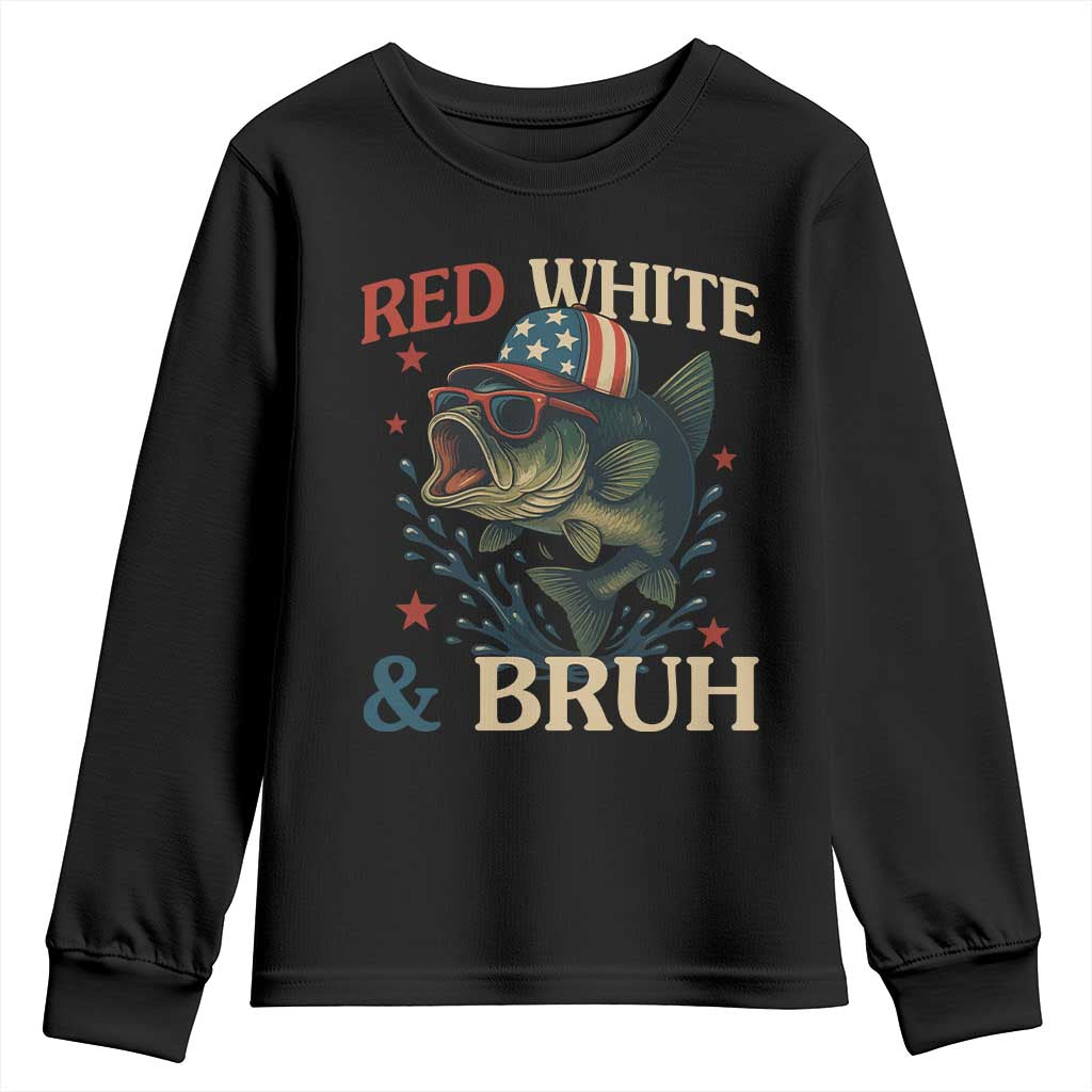 Retro Red White And Bruh Fishing Youth Sweatshirt Funny Patriotic Bass 4th Of July TS02 Black Print Your Wear