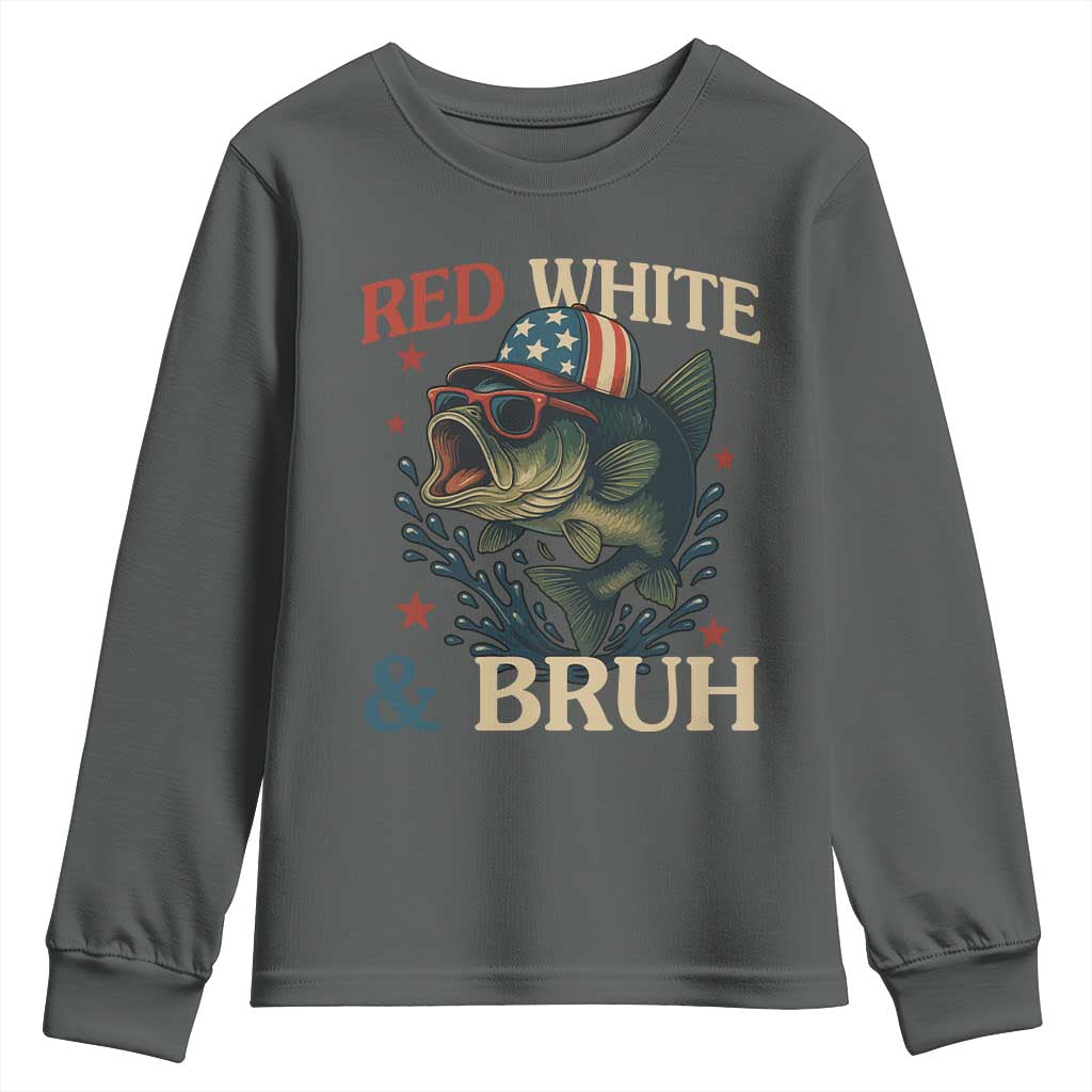 Retro Red White And Bruh Fishing Youth Sweatshirt Funny Patriotic Bass 4th Of July TS02 Dark Heather Print Your Wear
