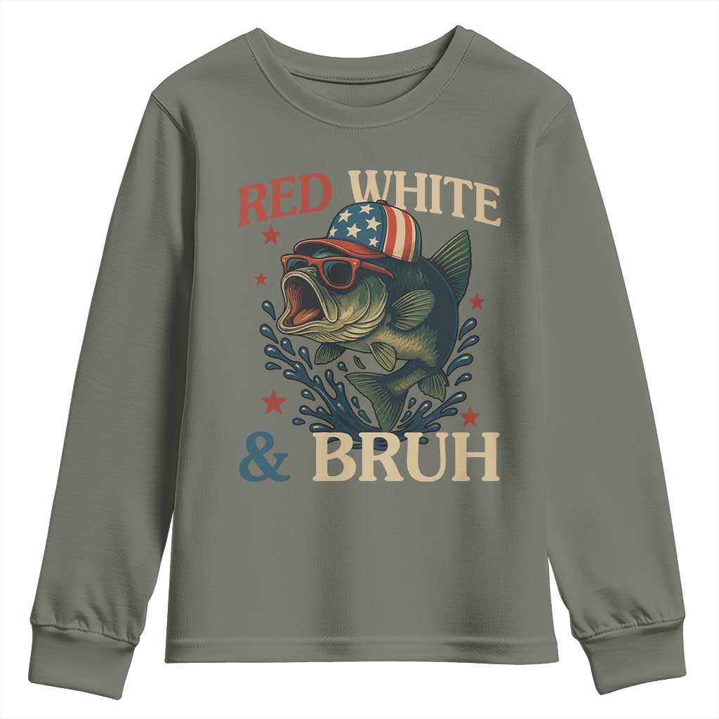Retro Red White And Bruh Fishing Youth Sweatshirt Funny Patriotic Bass 4th Of July TS02 Military Green Print Your Wear