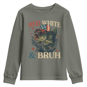 Retro Red White And Bruh Fishing Youth Sweatshirt Funny Patriotic Bass 4th Of July TS02 Military Green Print Your Wear