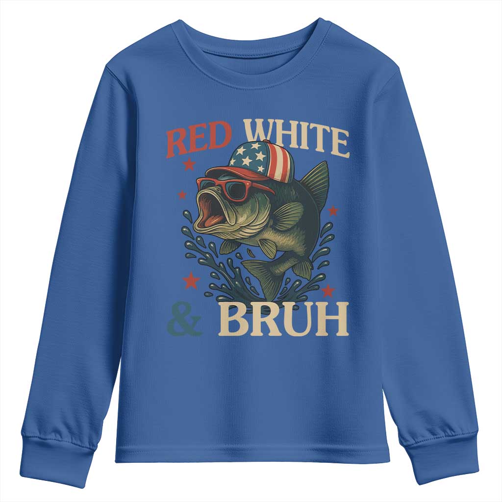 Retro Red White And Bruh Fishing Youth Sweatshirt Funny Patriotic Bass 4th Of July TS02 Royal Blue Print Your Wear