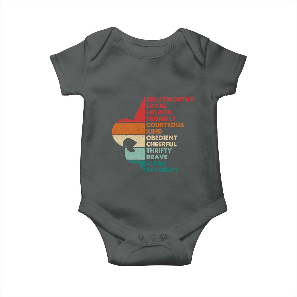 Retro Scout Law Values Baby Onesie Vintage Fleur-de-Lis TS02 Dark Heather Print Your Wear