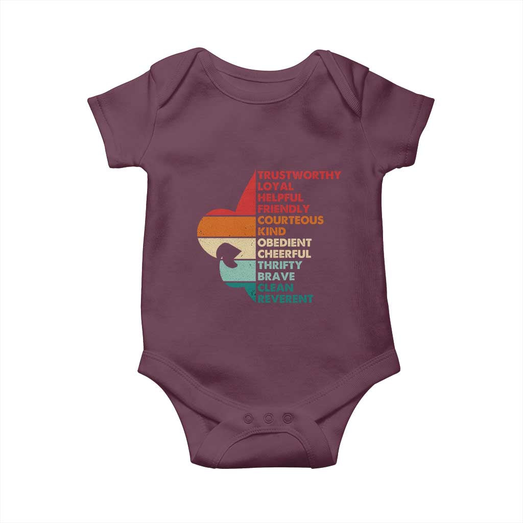 Retro Scout Law Values Baby Onesie Vintage Fleur-de-Lis TS02 Maroon Print Your Wear