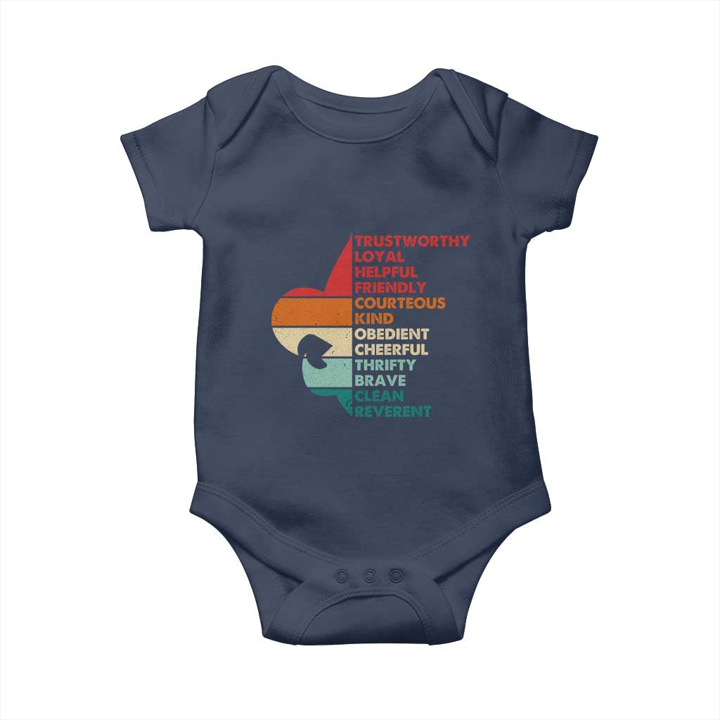 Retro Scout Law Values Baby Onesie Vintage Fleur-de-Lis TS02 Navy Print Your Wear