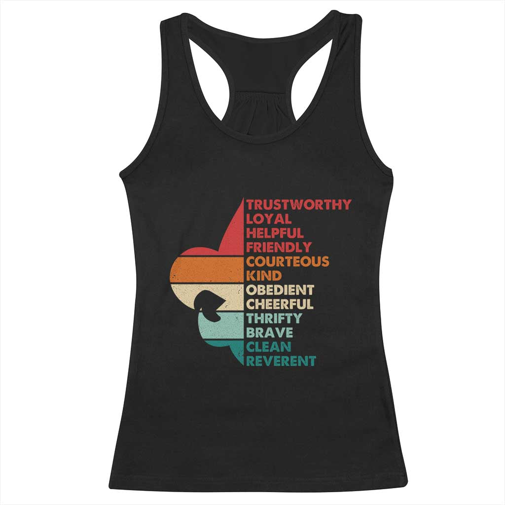 Retro Scout Law Values Racerback Tank Top Vintage Fleur-de-Lis TS02 Black Print Your Wear