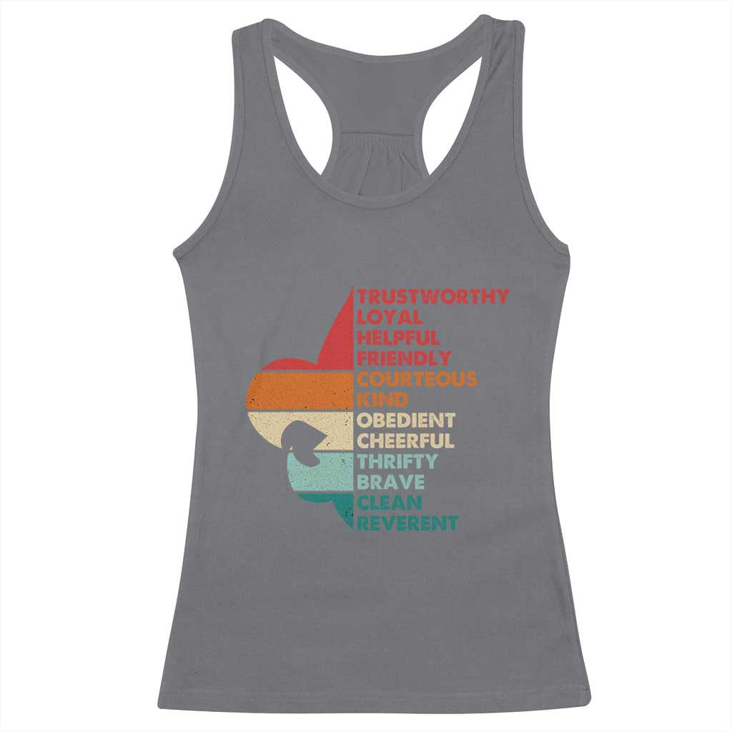 Retro Scout Law Values Racerback Tank Top Vintage Fleur-de-Lis TS02 Charcoal Print Your Wear