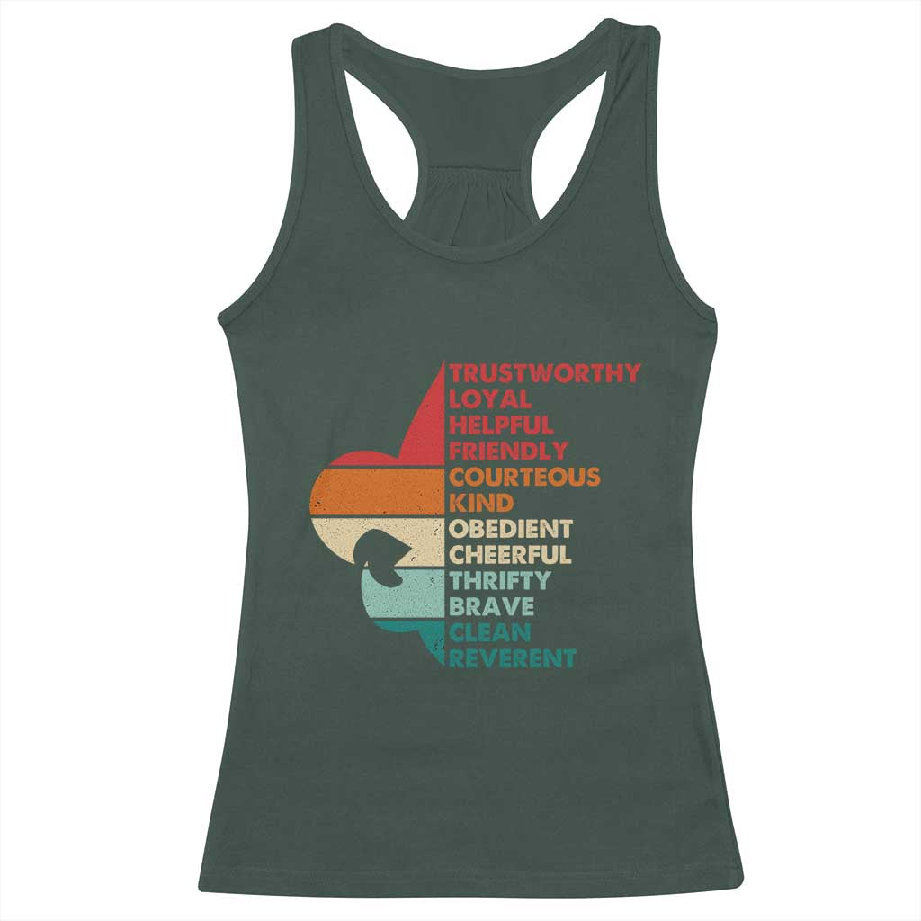 Retro Scout Law Values Racerback Tank Top Vintage Fleur-de-Lis TS02 Dark Forest Green Print Your Wear