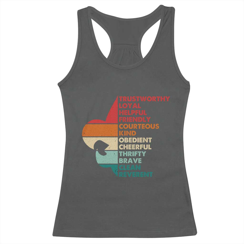 Retro Scout Law Values Racerback Tank Top Vintage Fleur-de-Lis TS02 Dark Heather Print Your Wear