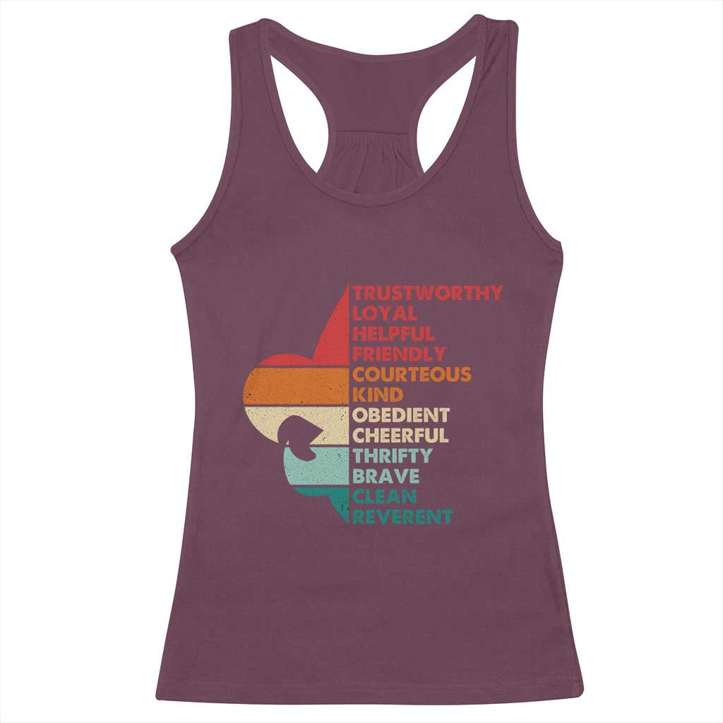 Retro Scout Law Values Racerback Tank Top Vintage Fleur-de-Lis TS02 Maroon Print Your Wear