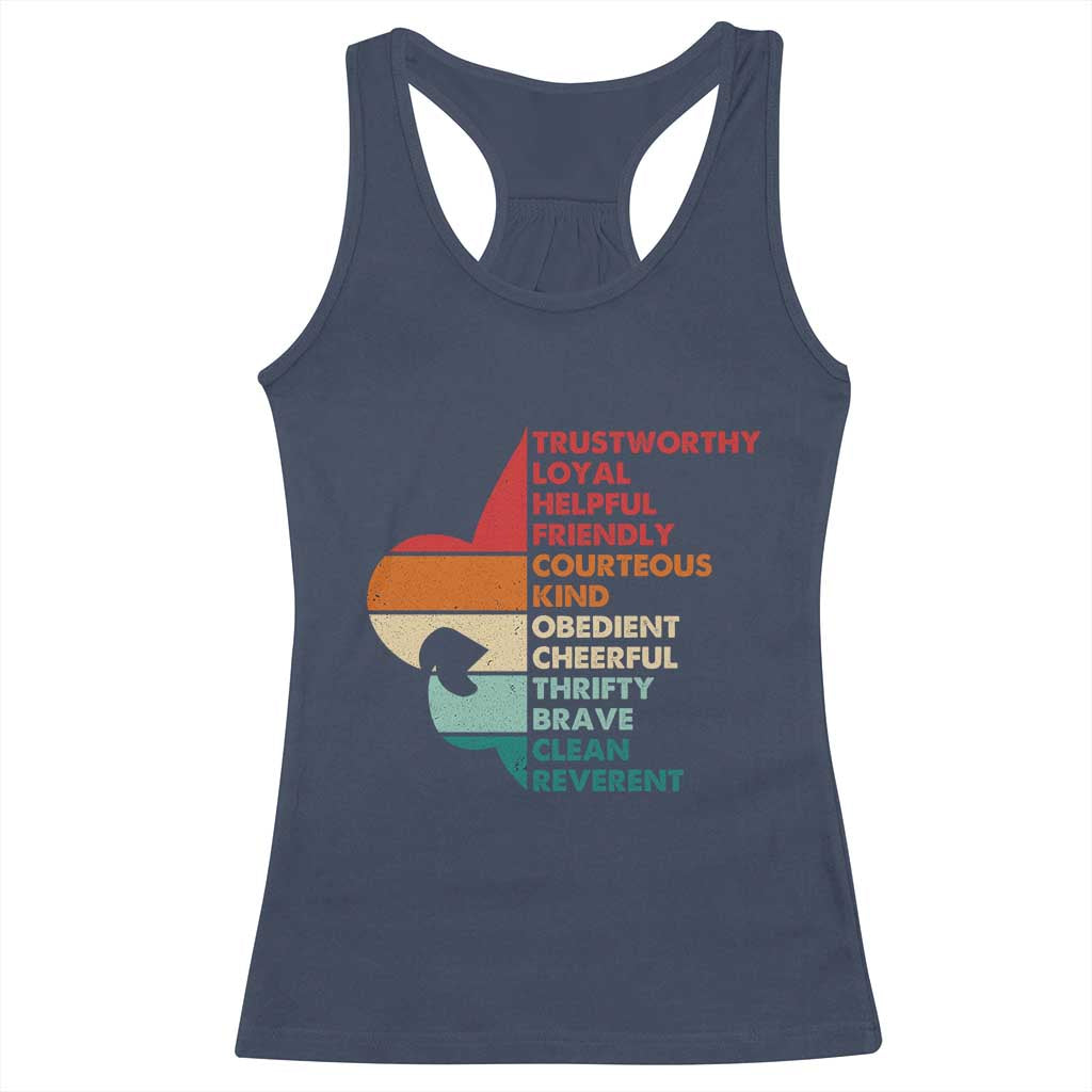 Retro Scout Law Values Racerback Tank Top Vintage Fleur-de-Lis TS02 Navy Print Your Wear
