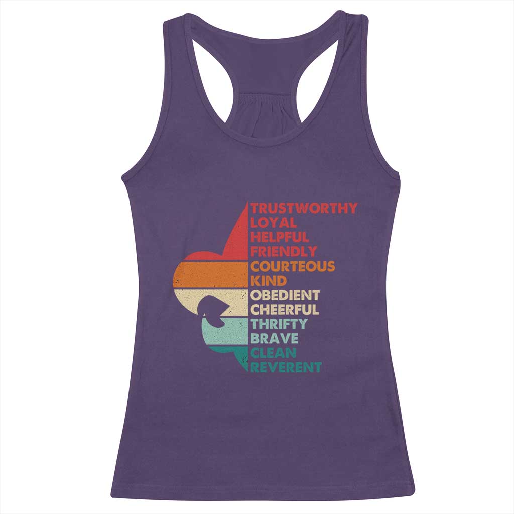 Retro Scout Law Values Racerback Tank Top Vintage Fleur-de-Lis TS02 Purple Print Your Wear
