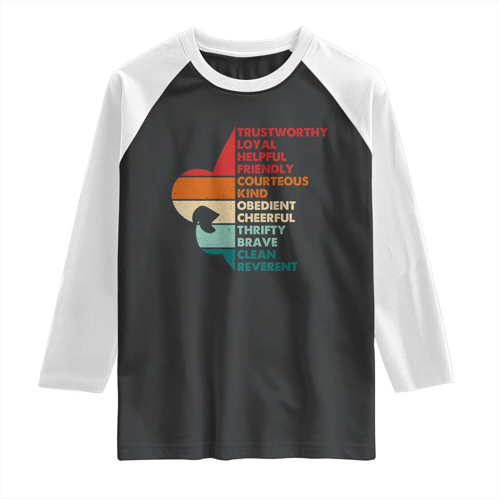 Retro Scout Law Values Raglan Shirt Vintage Fleur-de-Lis TS02 Black White Print Your Wear