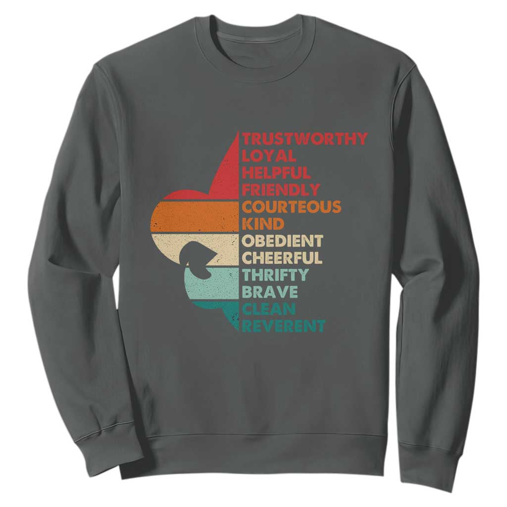 Retro Scout Law Values Sweatshirt Vintage Fleur-de-Lis TS02 Dark Heather Print Your Wear