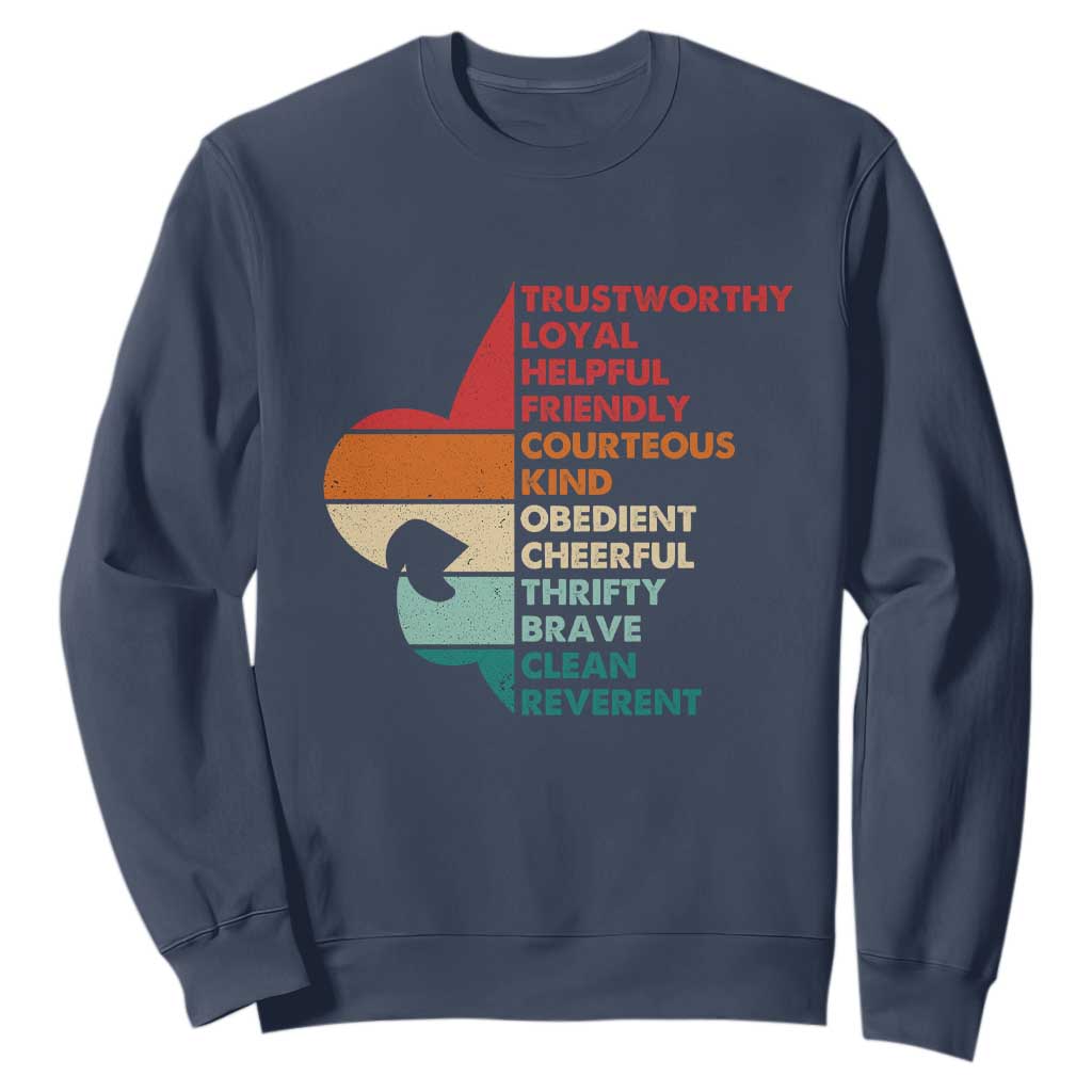Retro Scout Law Values Sweatshirt Vintage Fleur-de-Lis TS02 Navy Print Your Wear