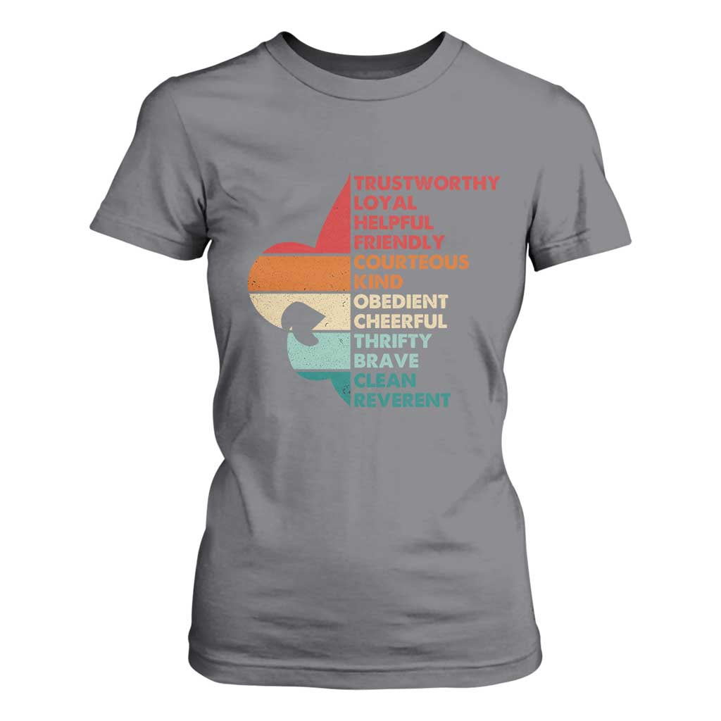 Retro Scout Law Values T Shirt For Women Vintage Fleur-de-Lis TS02 Charcoal Print Your Wear