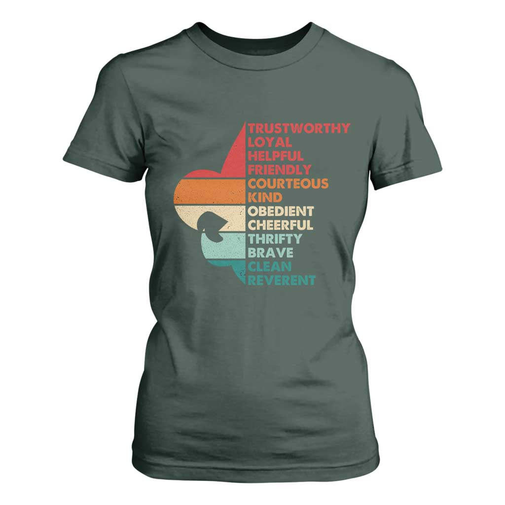 Retro Scout Law Values T Shirt For Women Vintage Fleur-de-Lis TS02 Dark Forest Green Print Your Wear