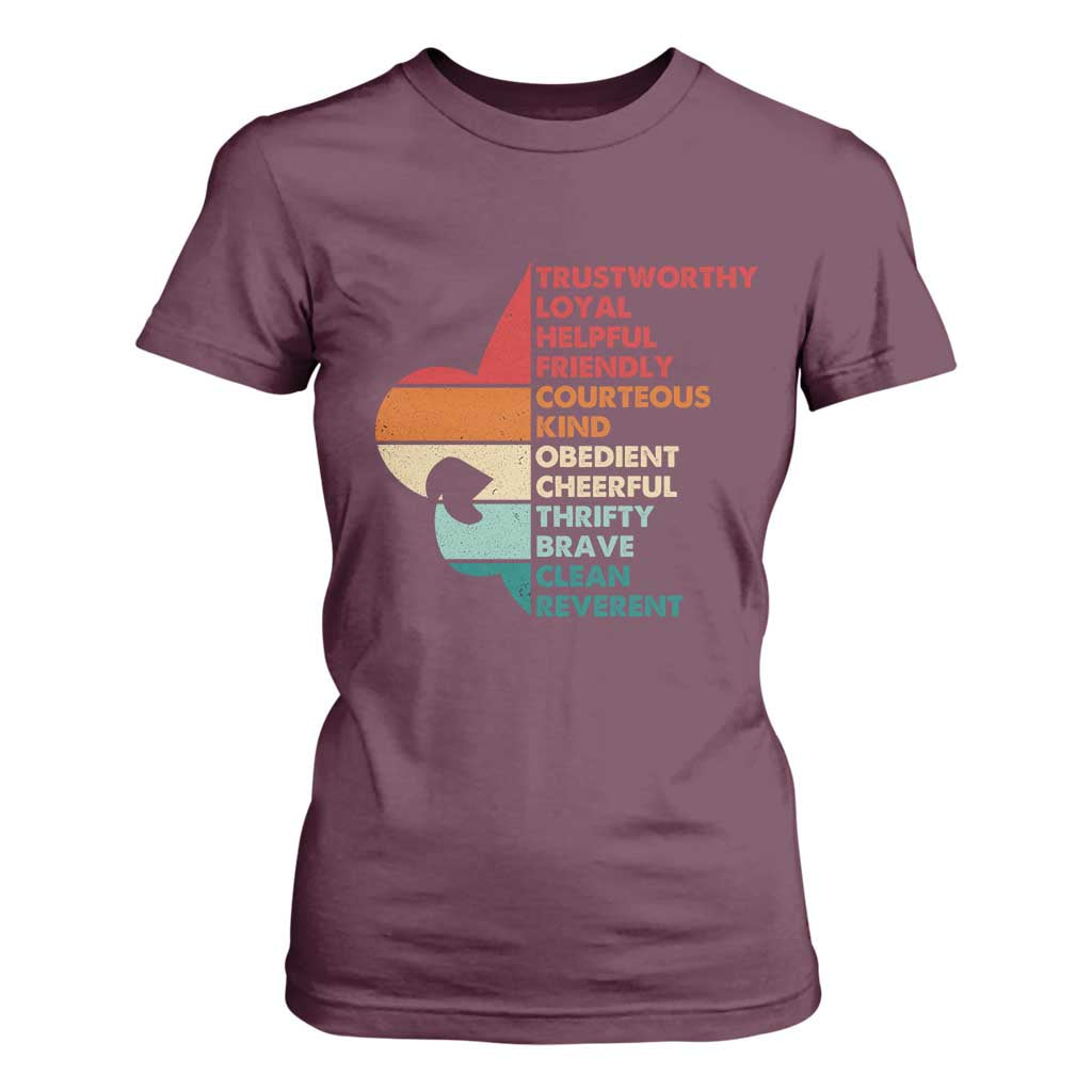 Retro Scout Law Values T Shirt For Women Vintage Fleur-de-Lis TS02 Maroon Print Your Wear