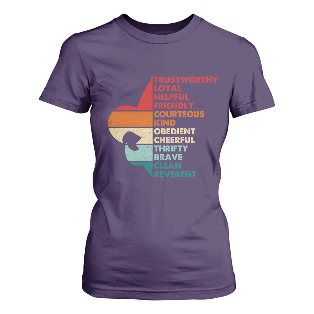 Retro Scout Law Values T Shirt For Women Vintage Fleur-de-Lis TS02 Purple Print Your Wear
