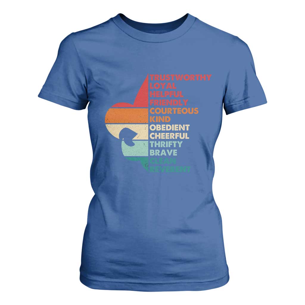 Retro Scout Law Values T Shirt For Women Vintage Fleur-de-Lis TS02 Royal Blue Print Your Wear