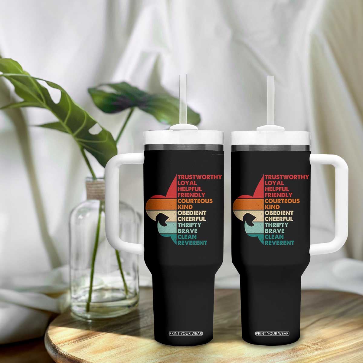 Retro Scout Law Values Tumbler With Handle Vintage Fleur-de-Lis TS02 Print Your Wear