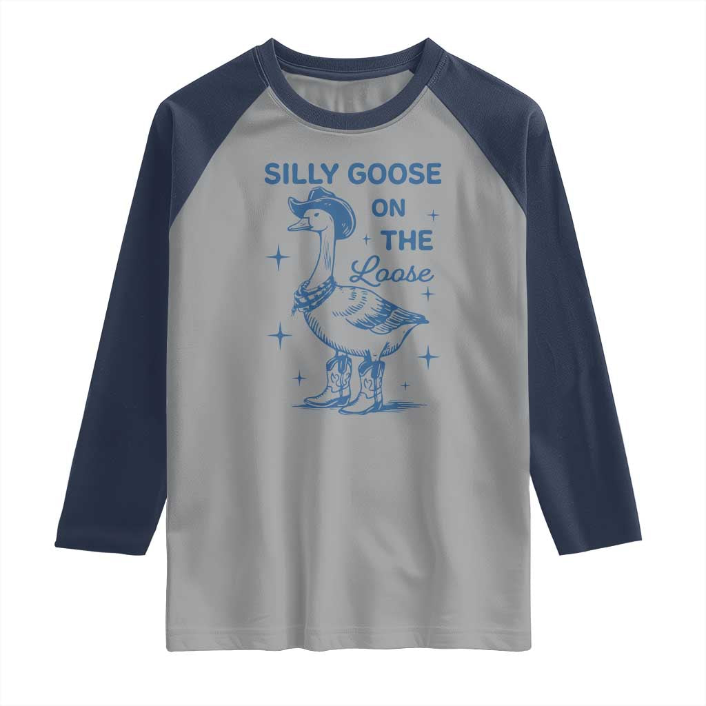 Retro Silly Goose On The Loose Raglan Shirt 90s Aesthetic Funny Cowgirl Western TS10 Sport Gray Navy Print Your Wear