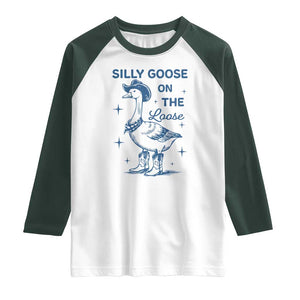 Retro Silly Goose On The Loose Raglan Shirt 90s Aesthetic Funny Cowgirl Western TS10 White Dark Forest Green Print Your Wear