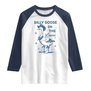 Retro Silly Goose On The Loose Raglan Shirt 90s Aesthetic Funny Cowgirl Western TS10 White Navy Print Your Wear