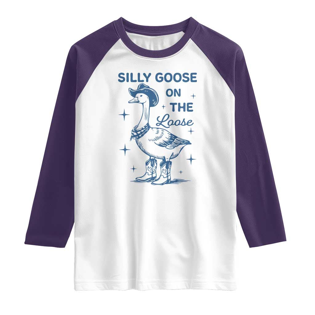 Retro Silly Goose On The Loose Raglan Shirt 90s Aesthetic Funny Cowgirl Western TS10 White Purple Print Your Wear