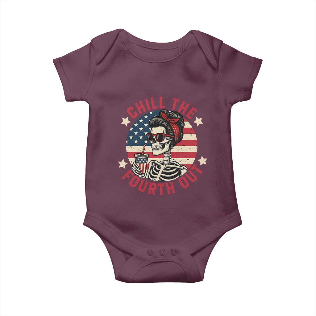Retro Skeleton 4th of July Baby Onesie Chill The Fourth Out Funny Patriotic American Flag TS02 Maroon Print Your Wear