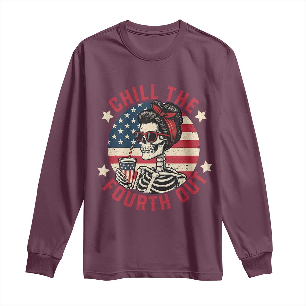 Retro Skeleton 4th of July Long Sleeve Shirt Chill The Fourth Out Funny Patriotic American Flag TS02 Maroon Print Your Wear