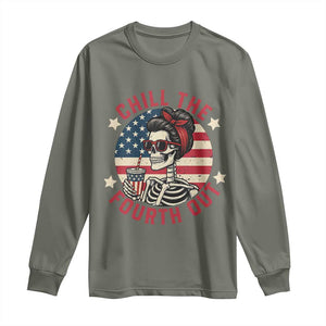 Retro Skeleton 4th of July Long Sleeve Shirt Chill The Fourth Out Funny Patriotic American Flag TS02 Military Green Print Your Wear