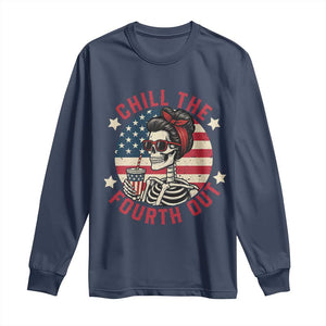 Retro Skeleton 4th of July Long Sleeve Shirt Chill The Fourth Out Funny Patriotic American Flag TS02 Navy Print Your Wear