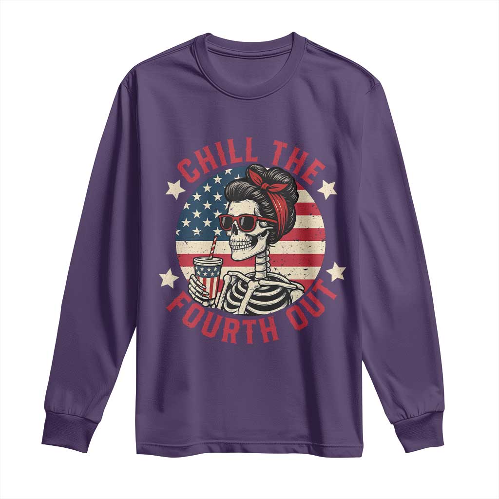 Retro Skeleton 4th of July Long Sleeve Shirt Chill The Fourth Out Funny Patriotic American Flag TS02 Purple Print Your Wear