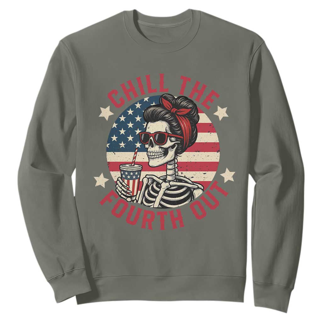 Retro Skeleton 4th of July Sweatshirt Chill The Fourth Out Funny Patriotic American Flag TS02 Military Green Print Your Wear