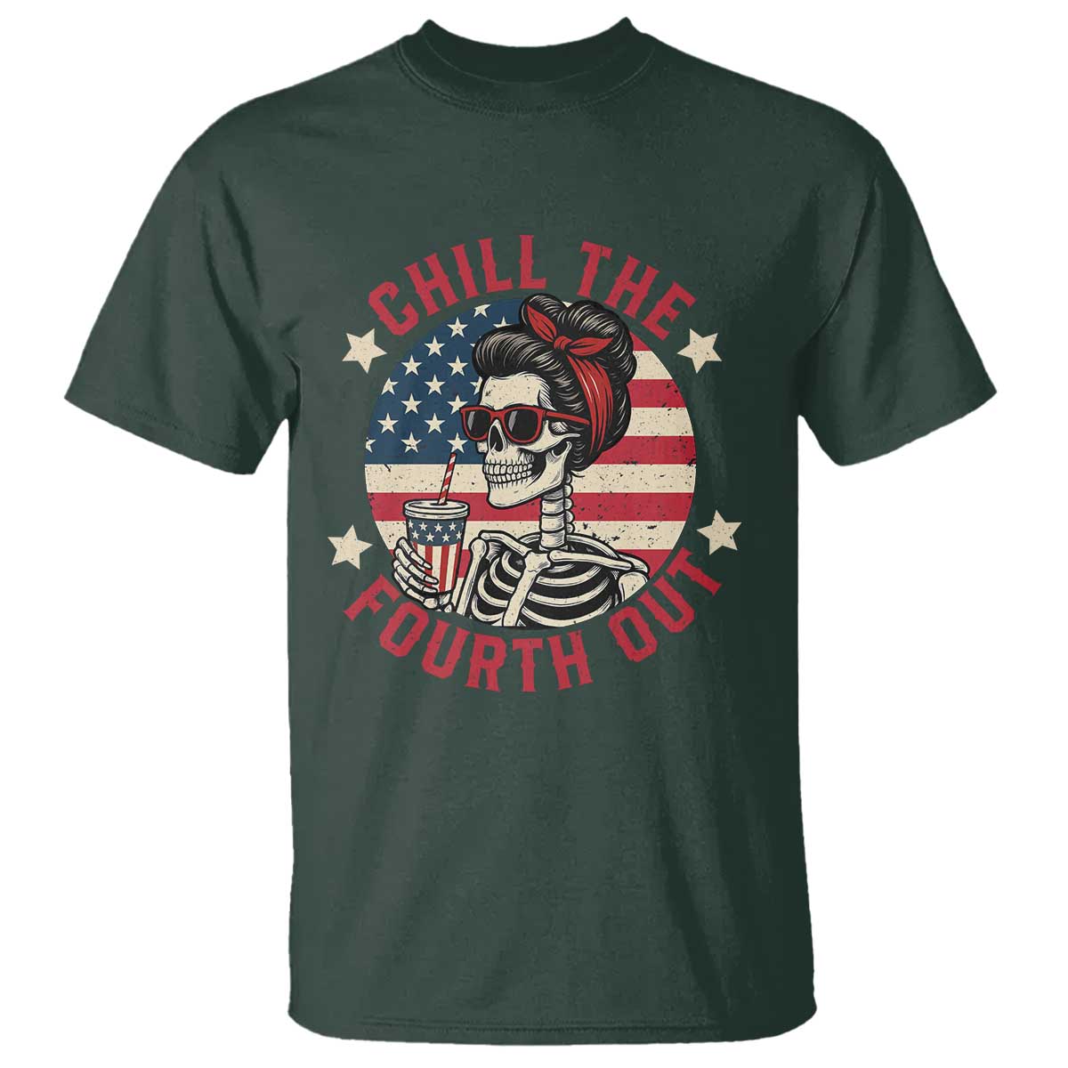 Retro Skeleton 4th of July T Shirt Chill The Fourth Out Funny Patriotic American Flag TS02 Dark Forest Green Print Your Wear