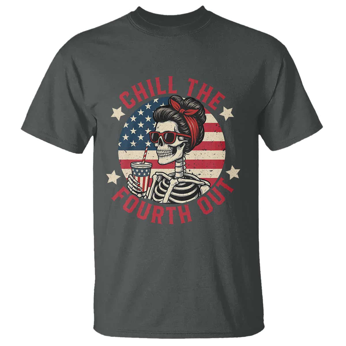 Retro Skeleton 4th of July T Shirt Chill The Fourth Out Funny Patriotic American Flag TS02 Dark Heather Print Your Wear