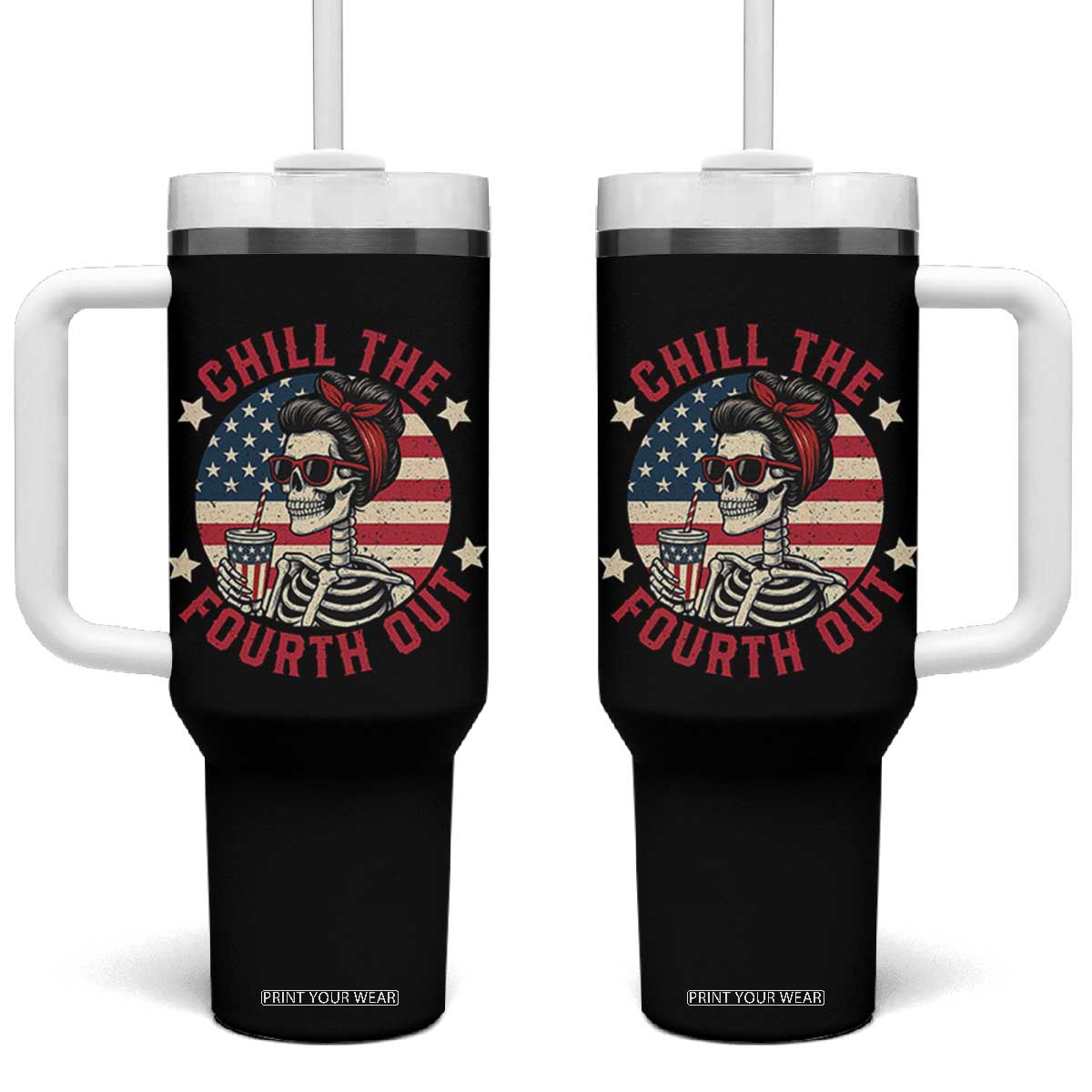 Retro Skeleton 4th of July Tumbler With Handle Chill The Fourth Out Funny Patriotic American Flag TS02 One Size: 40 oz Black Print Your Wear