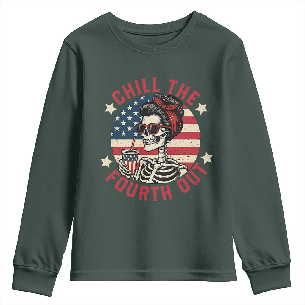 Retro Skeleton 4th of July Youth Sweatshirt Chill The Fourth Out Funny Patriotic American Flag TS02 Dark Forest Green Print Your Wear