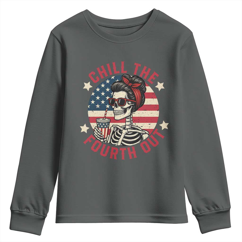 Retro Skeleton 4th of July Youth Sweatshirt Chill The Fourth Out Funny Patriotic American Flag TS02 Dark Heather Print Your Wear