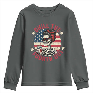 Retro Skeleton 4th of July Youth Sweatshirt Chill The Fourth Out Funny Patriotic American Flag TS02 Dark Heather Print Your Wear