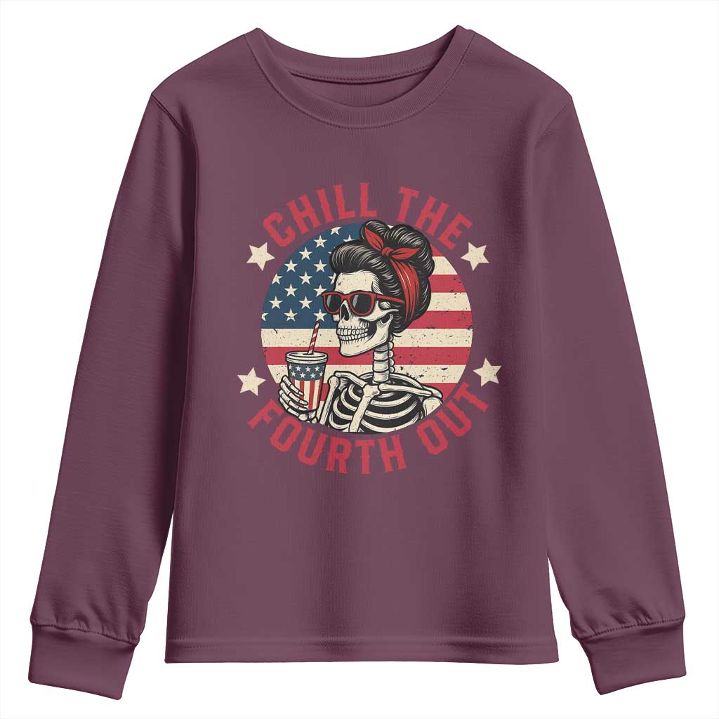 Retro Skeleton 4th of July Youth Sweatshirt Chill The Fourth Out Funny Patriotic American Flag TS02 Maroon Print Your Wear
