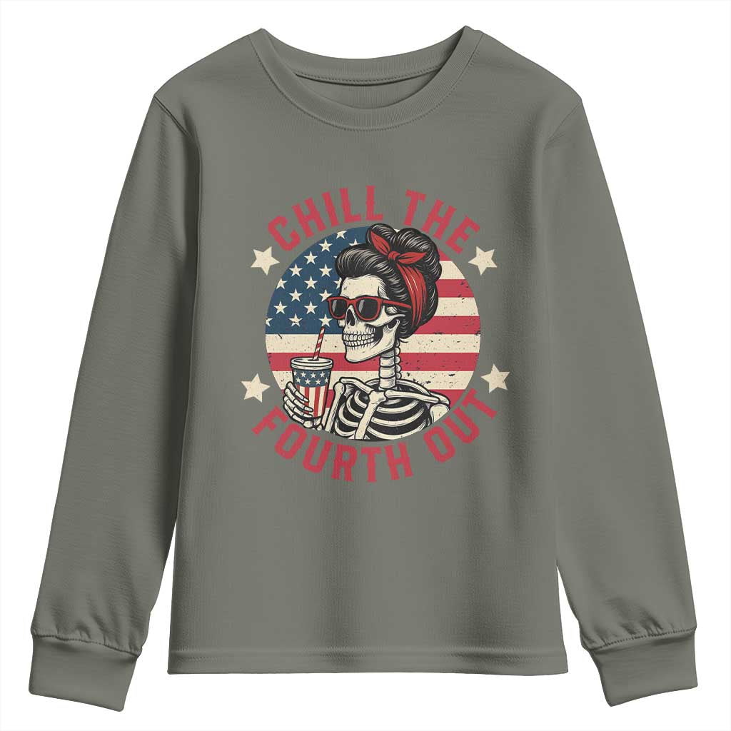 Retro Skeleton 4th of July Youth Sweatshirt Chill The Fourth Out Funny Patriotic American Flag TS02 Military Green Print Your Wear