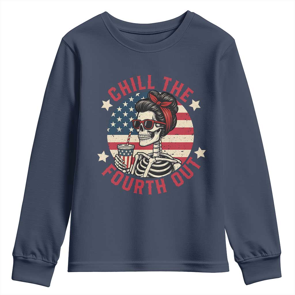 Retro Skeleton 4th of July Youth Sweatshirt Chill The Fourth Out Funny Patriotic American Flag TS02 Navy Print Your Wear