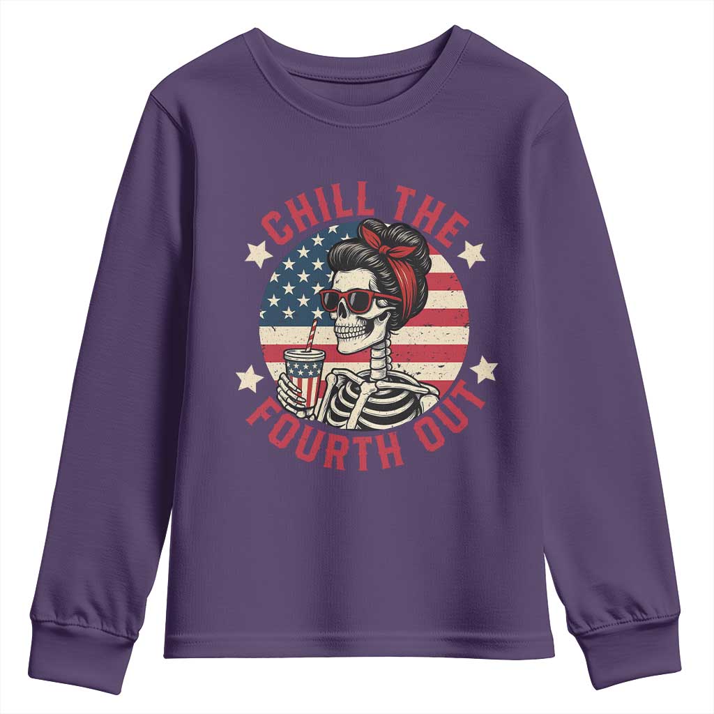 Retro Skeleton 4th of July Youth Sweatshirt Chill The Fourth Out Funny Patriotic American Flag TS02 Purple Print Your Wear
